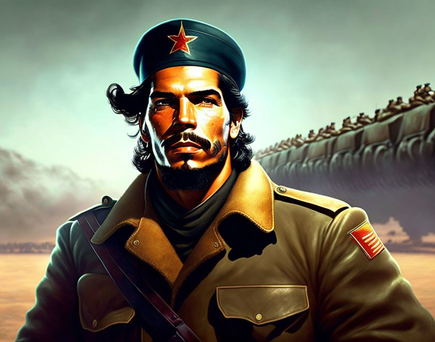 Military-themed illustration with man in beret and star badge.