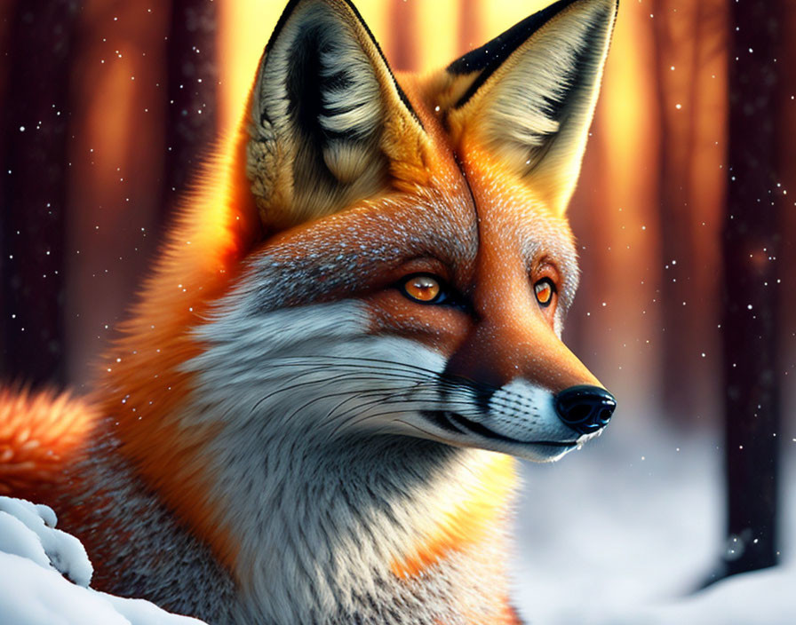 Detailed Red Fox Illustration in Forest Setting with Snowflakes