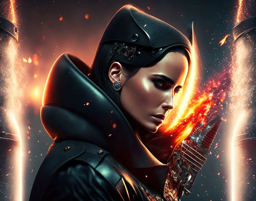 Futuristic military woman digital art with glowing embers & sword