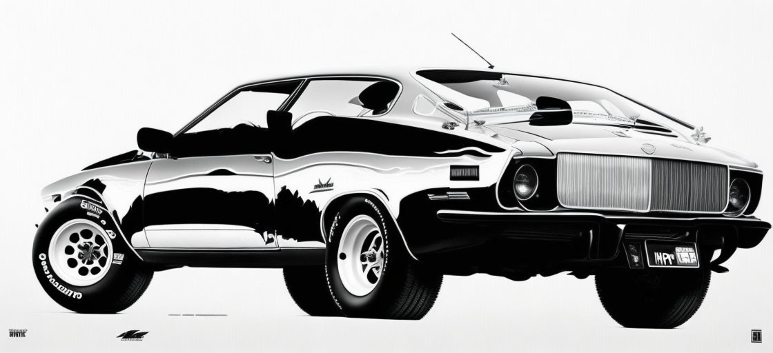 Classic Black Muscle Car with White Stripes and Hood Scoops Illustration