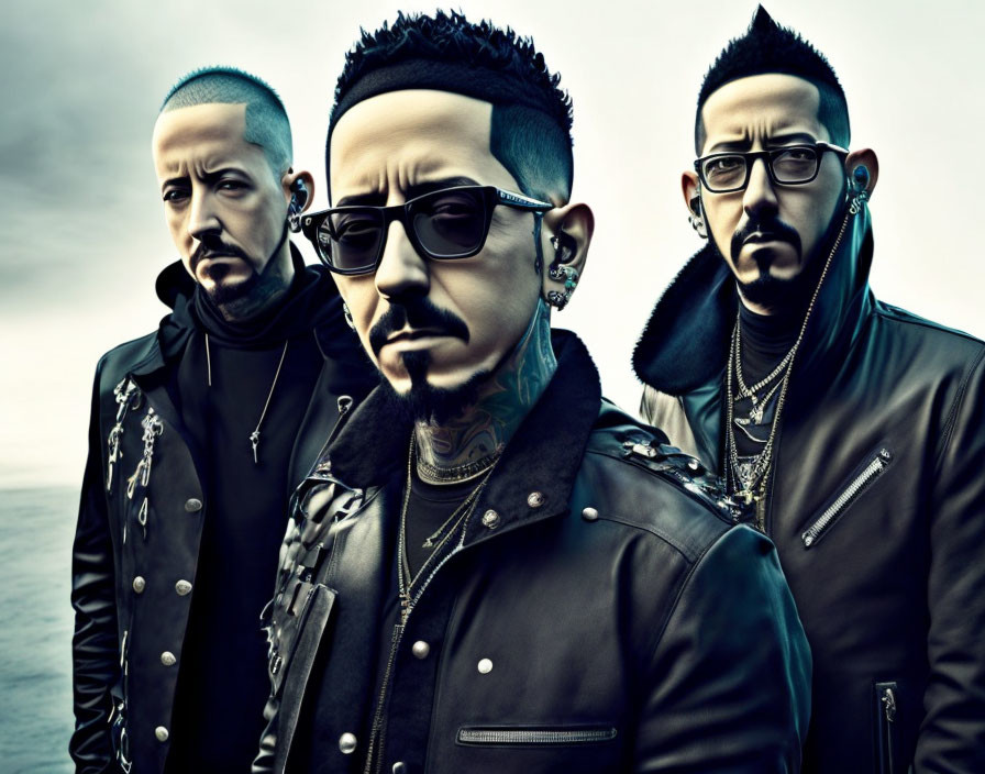 Three tattooed and pierced men in sunglasses and leather jackets under a dramatic cloudy sky