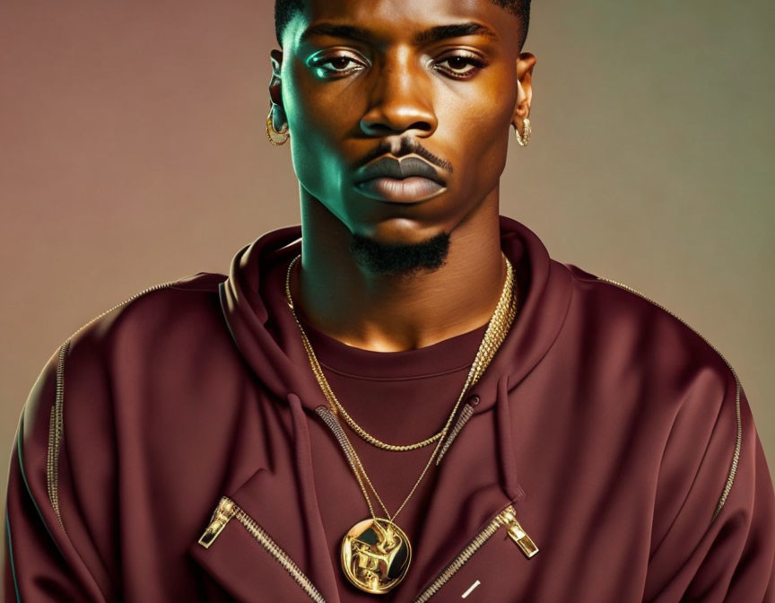 Portrait of a young man in burgundy tracksuit with gold accents