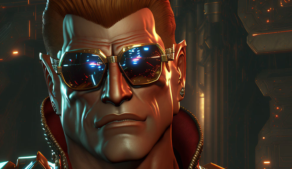 Stylized male figure with pompadour hairstyle and sunglasses in cybernetic environment