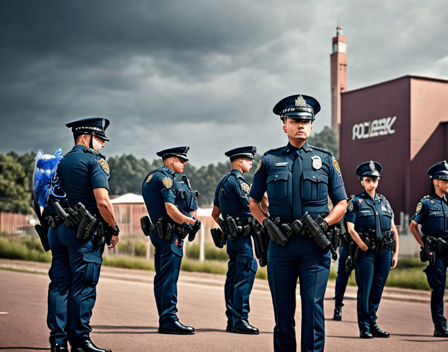 Confident police officers with firearms in industrial setting