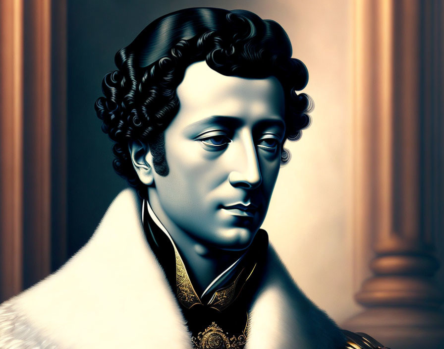 Stylized portrait of man with curly hair and fur-trimmed coat against classical columns.