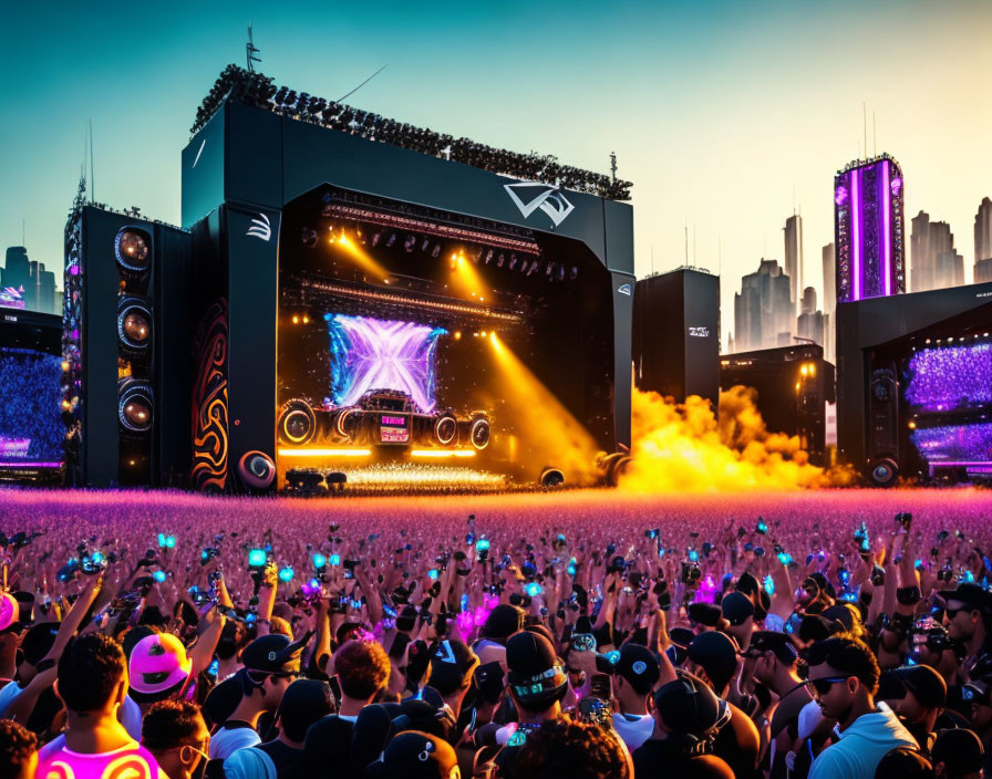 Colorful Outdoor Concert Scene with Massive Crowd and City Skyline at Dusk