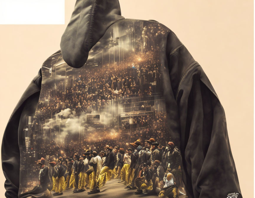 Person in Jacket with Crowd and Performers Print on Stage Lit Background