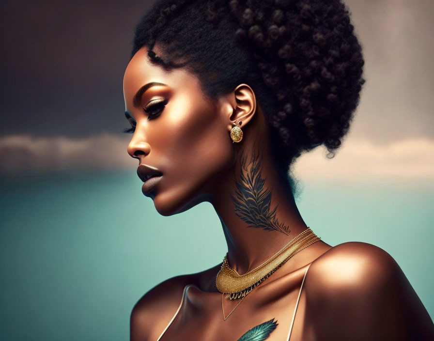 Dark-skinned woman in profile with golden jewelry and feather tattoo on neck on ombré background