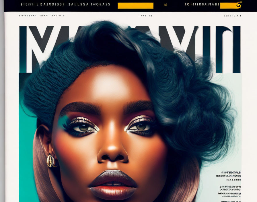 Vibrant teal hair and bold makeup on magazine cover