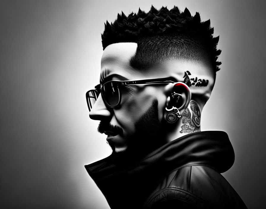 Stylish man with beard, sunglasses, and neck tattoos in monochrome art