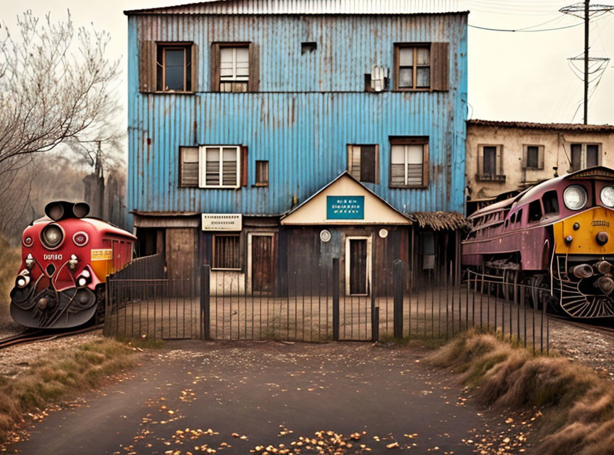 Vintage trains at rustic autumn train station.