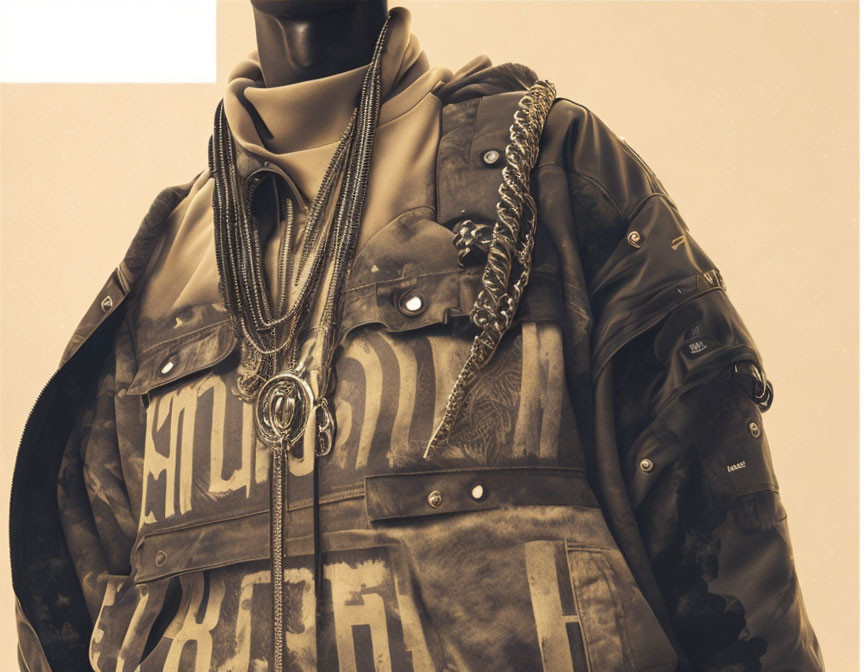 Close-up of person in stylish jacket with chains, featuring sepia tones and urban fashion details.