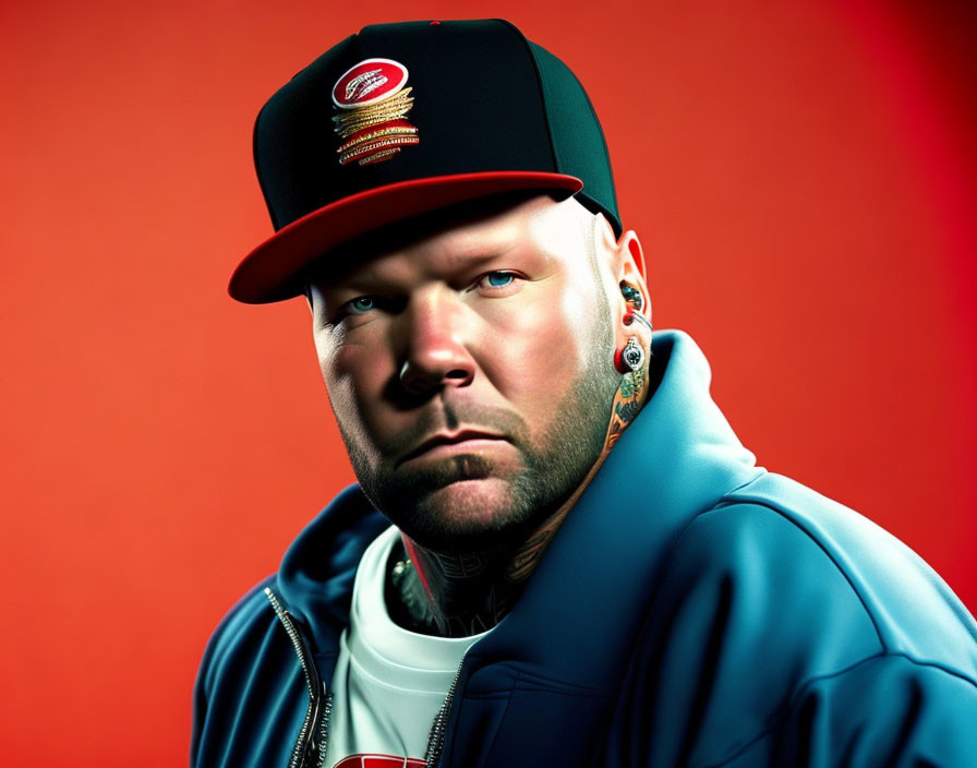 Stern man in baseball cap and blue jacket against red background