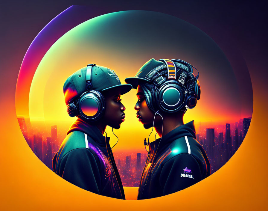 Stylized characters in helmets against vibrant cityscape backdrop