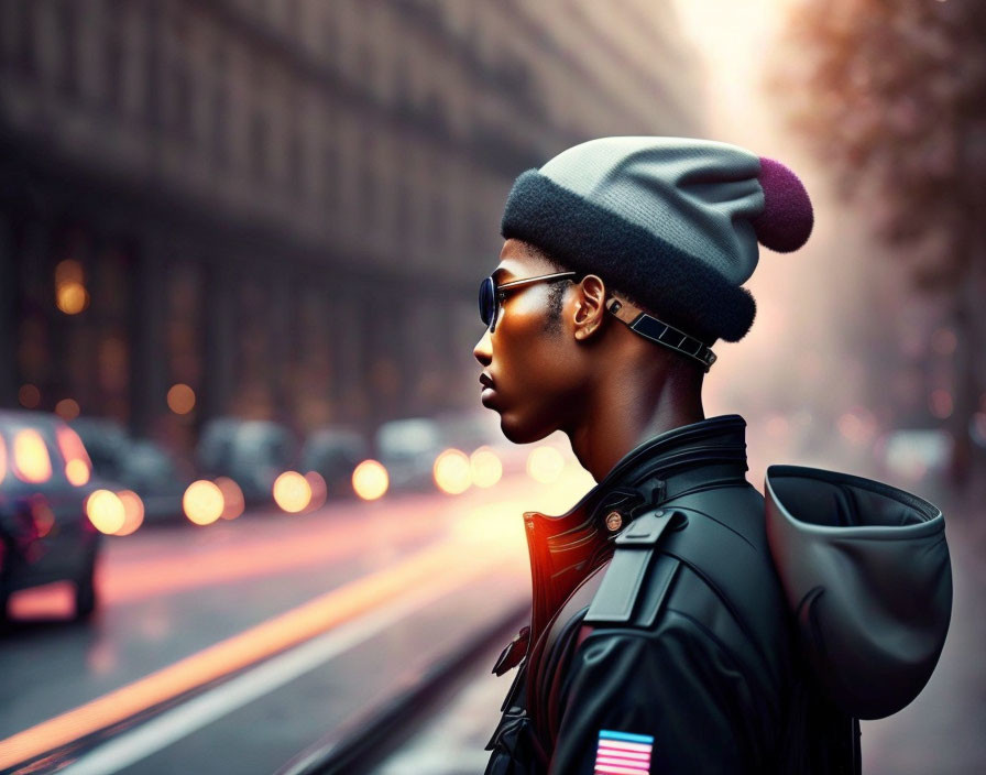 Stylish person in sunglasses and beanie by road with blurry traffic lights