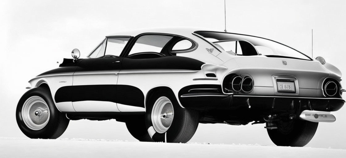 Vintage two-tone car with fins and round taillights in black and white.