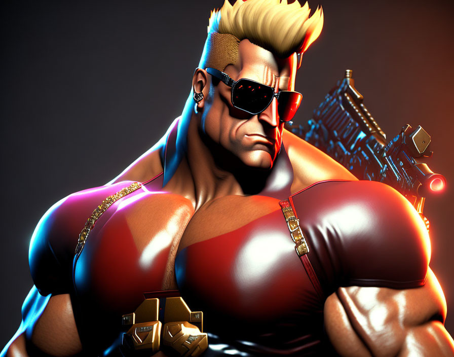 Blond muscular animated character in red tank top with minigun on dark background