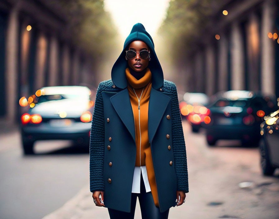 Fashionable person in blue hoodie, sunglasses, and mustard scarf on urban street.