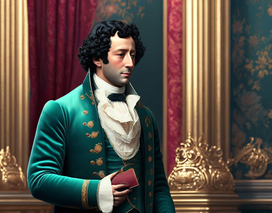 Historical man in teal coat and powdered wig in luxurious room