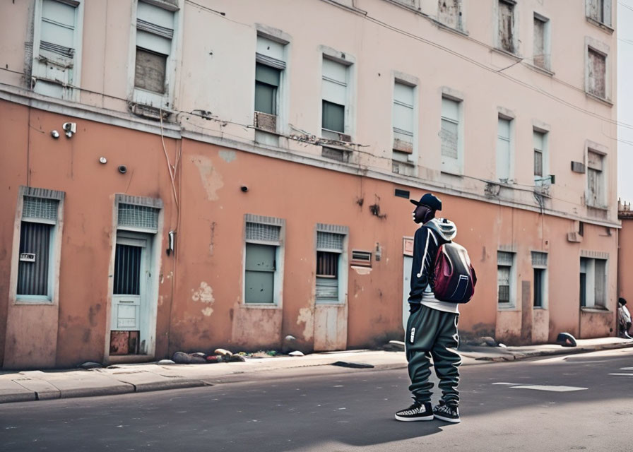 Urban street scene with person and weathered buildings