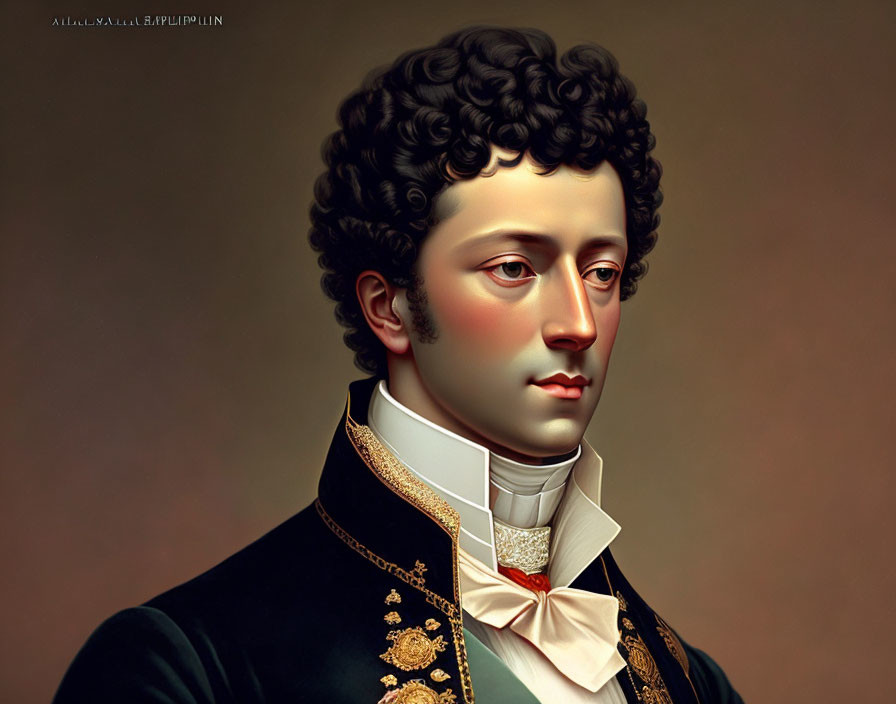 Young man in military uniform with curly hair and gold embroidery.