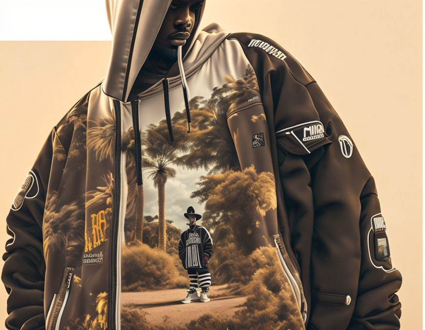 Hooded jacket with tropical print and brand patches in reflective mood