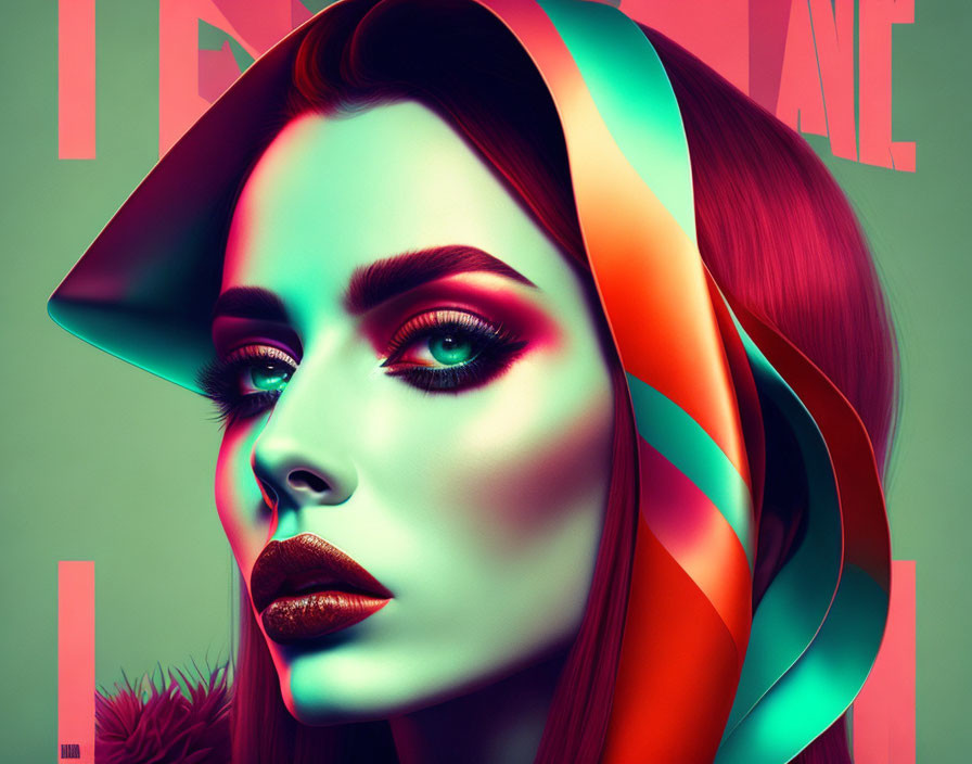 Colorful portrait of woman with striking makeup and headscarf against teal background.