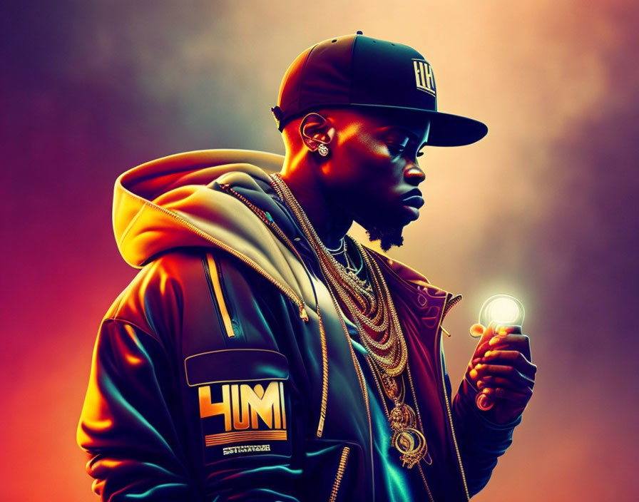 Stylized portrait of man with cap and hoodie holding glowing orb on orange and purple backdrop