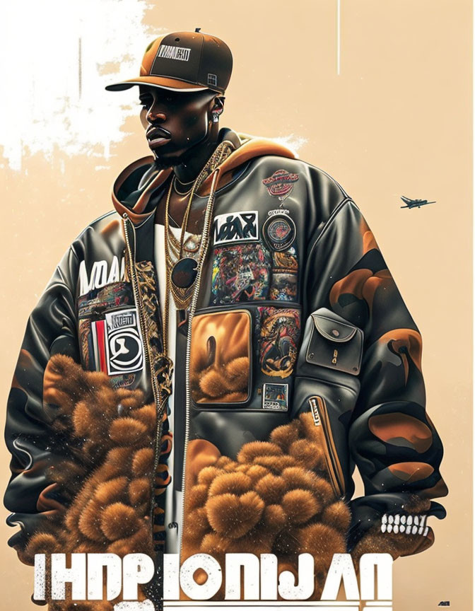 Colorful person in patch-adorned jacket and cap with bold graphics and text.