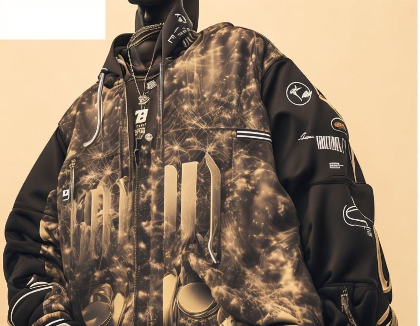 Stylish bomber jacket with graphic prints, chains, and patches on beige background