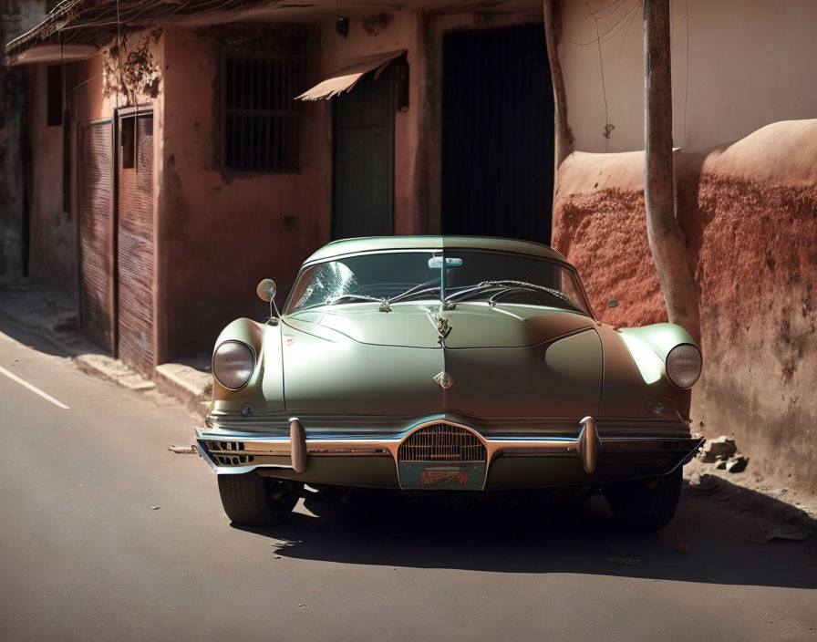 Classic Vintage Car Parked on Quiet Street with Sunlight Highlighting Sleek Design