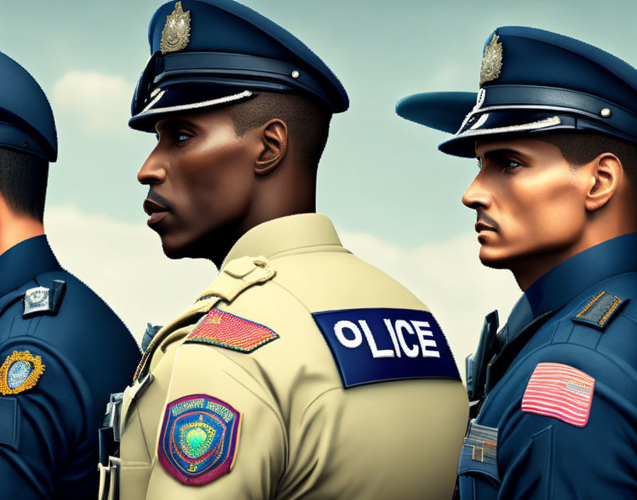 Animated police officers in uniform with badges and American flag patches.