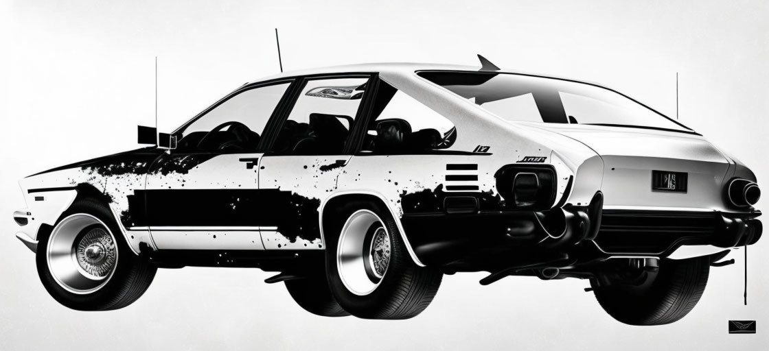 Monochrome artwork of classic car with splatter effects