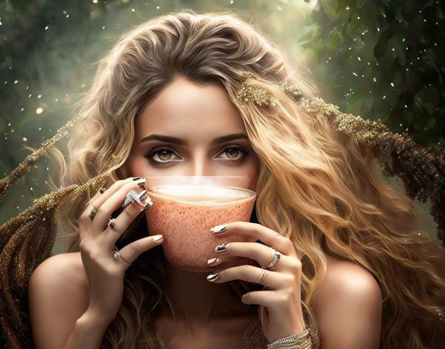 Blonde woman with jewelry holding steaming cup in nature portrait