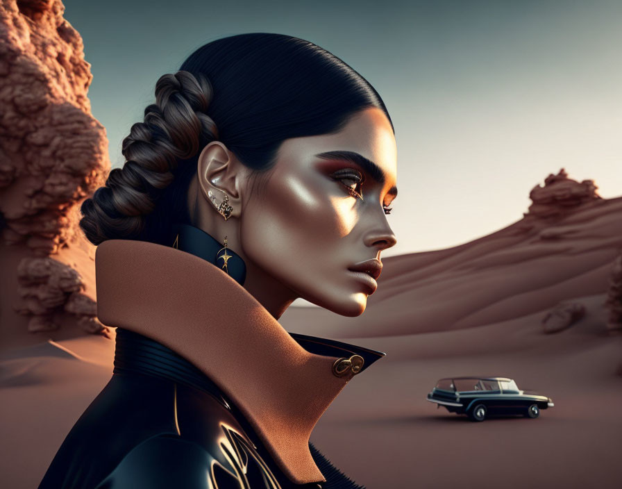 Woman with braided hair and dramatic makeup in desert with vintage car