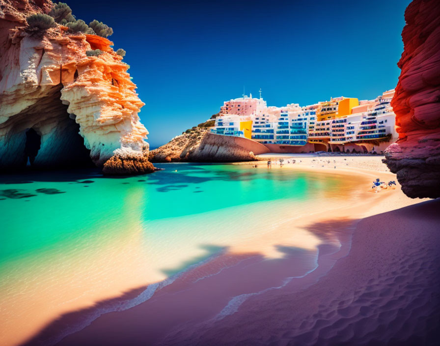 Vivid Beach Scene with Turquoise Water and Colorful Cliffs