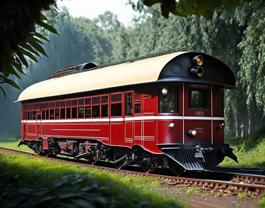 Vintage Red and Cream Railcar in Lush Greenery