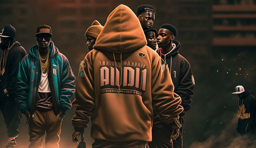 Stylish urban streetwear group in warm colors with dynamic lighting