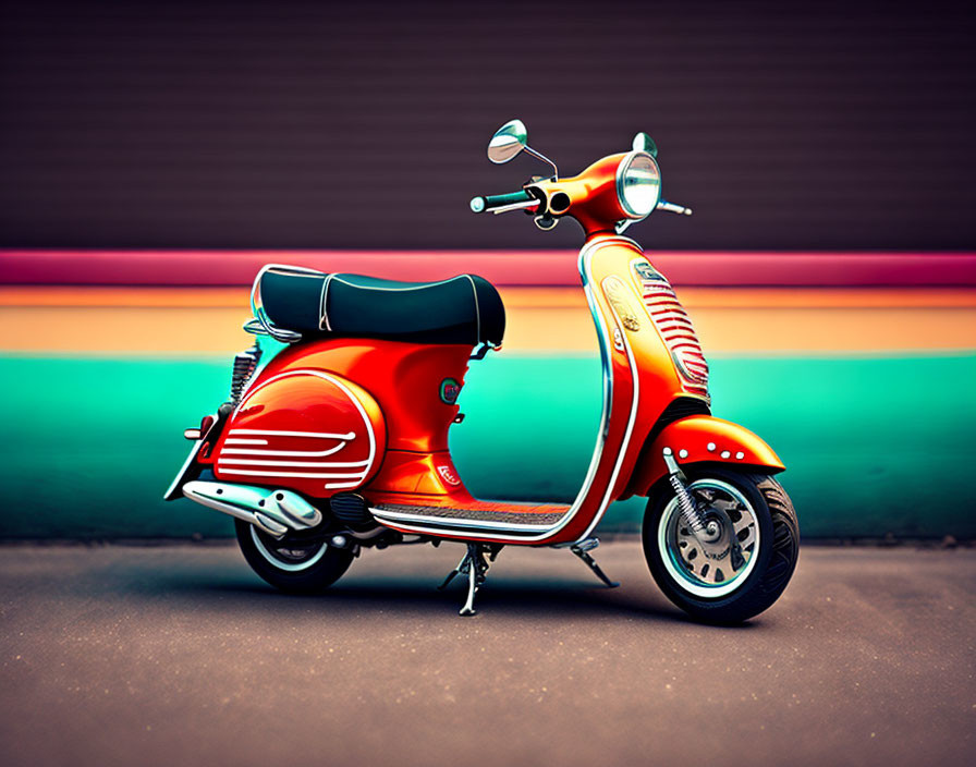 Classic Red and White Scooter on Colorful Striped Background