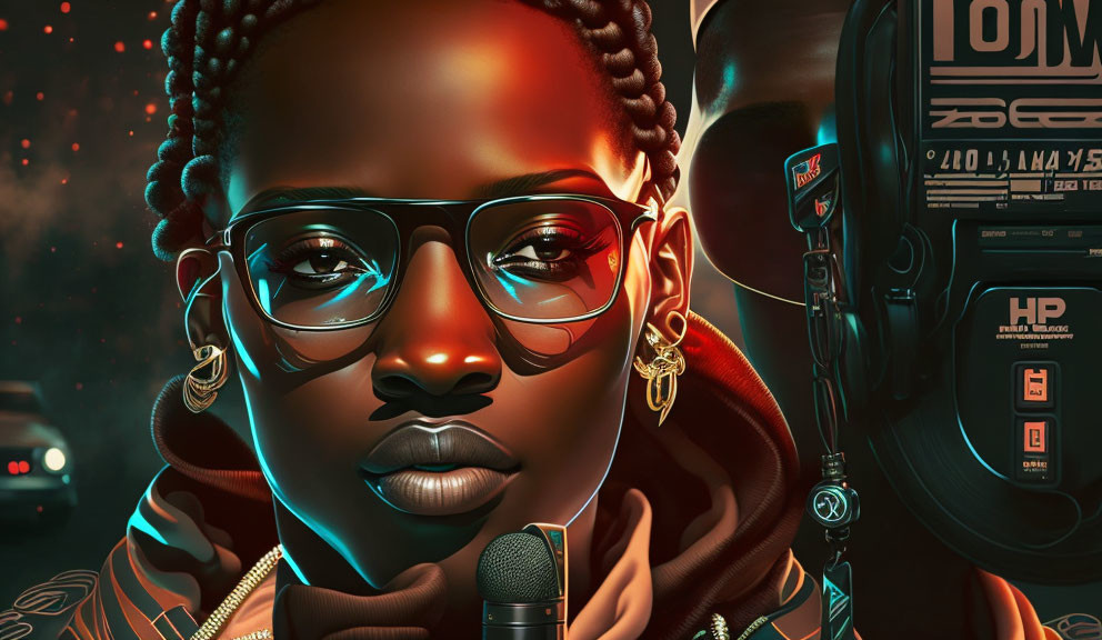 Detailed Digital Portrait of Woman with Braided Hair and Glasses Holding Microphone