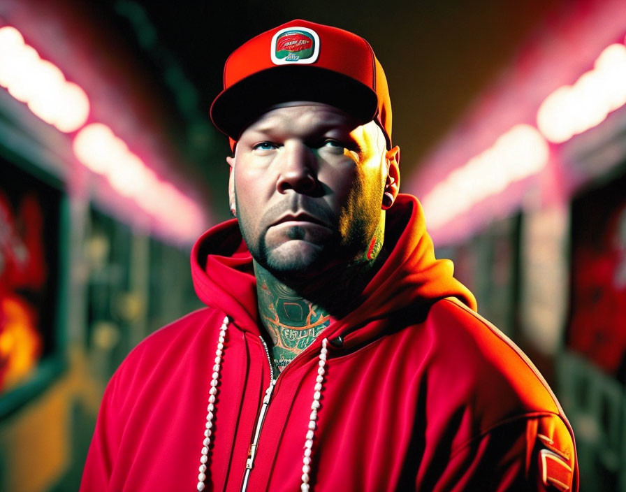 Serious person in red cap and hoodie against graffiti backdrop