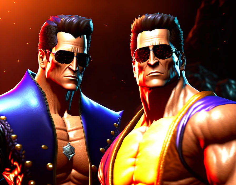 Muscular characters in sunglasses against fiery backdrop