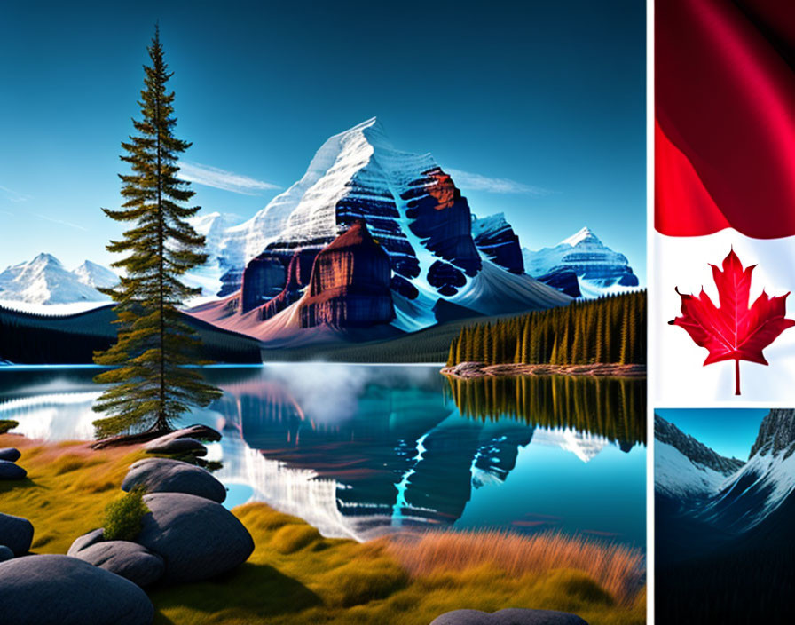 Canadian Landscapes and Symbols Collage: Moraine Lake, Snowy Mountains, Maple Leaf,