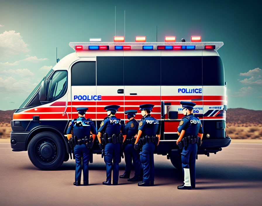 Four Police Officers Beside Patrol Van on Desert Road