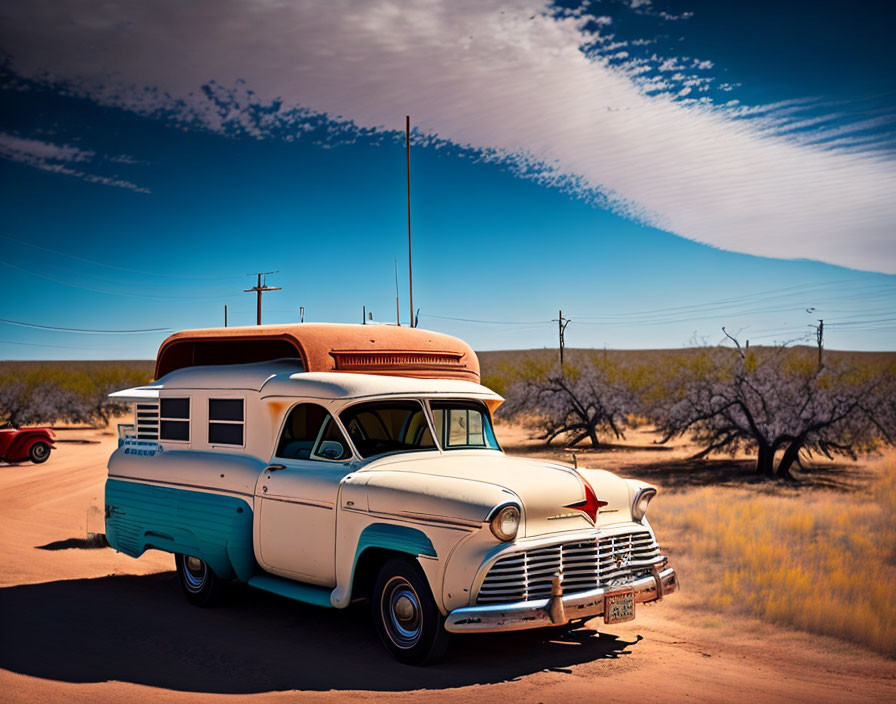 Classic camper van on desert road under clear sky