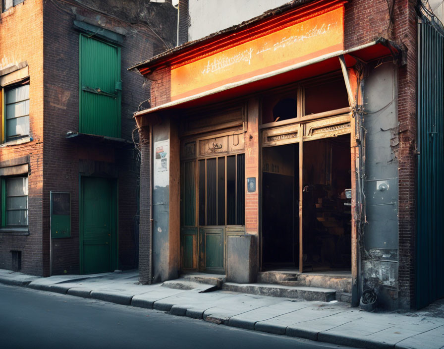 Dimly-lit shop with faded red awning in rustic brick setting