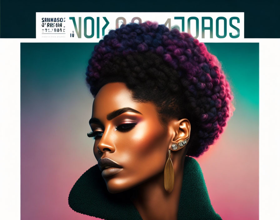 Vibrant purple afro woman portrait with sharp makeup