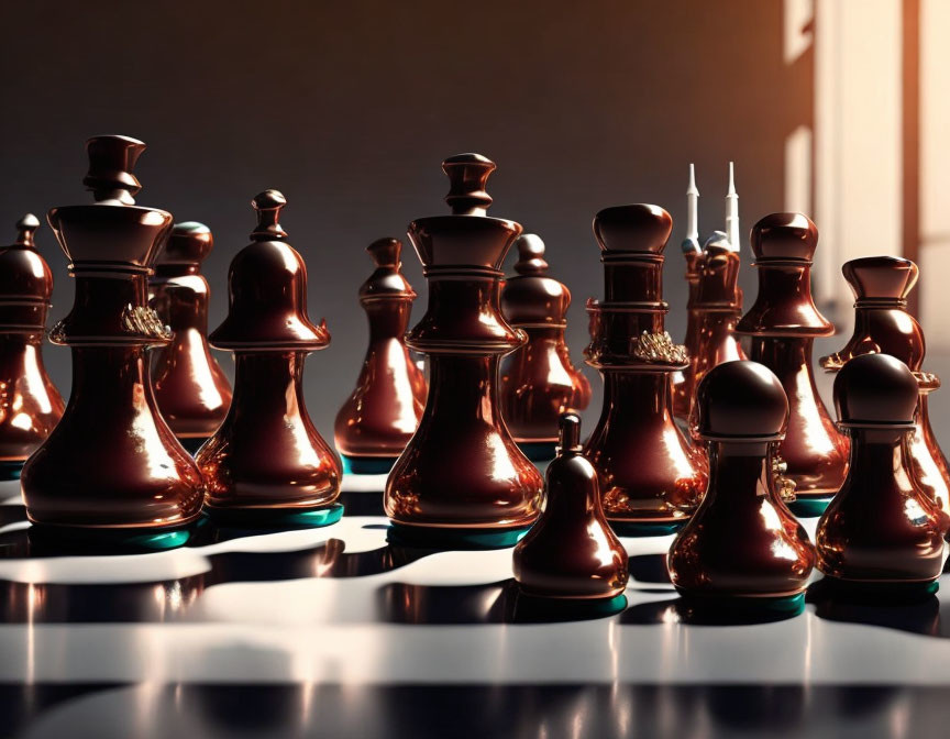 Brown Chess Pieces on Reflective Surface in Soft Sunlight