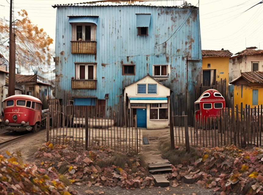 Weathered Blue Two-Story Building Surrounded by Yellow Houses and Converted Old Cars