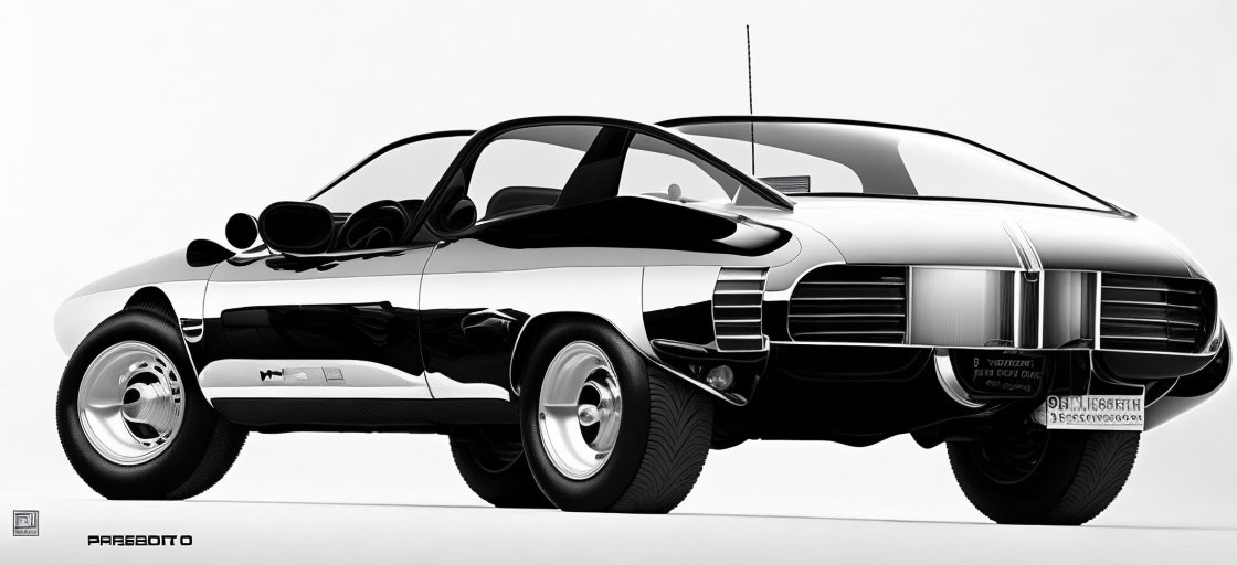 Monochrome retro-futuristic car drawing with exaggerated features